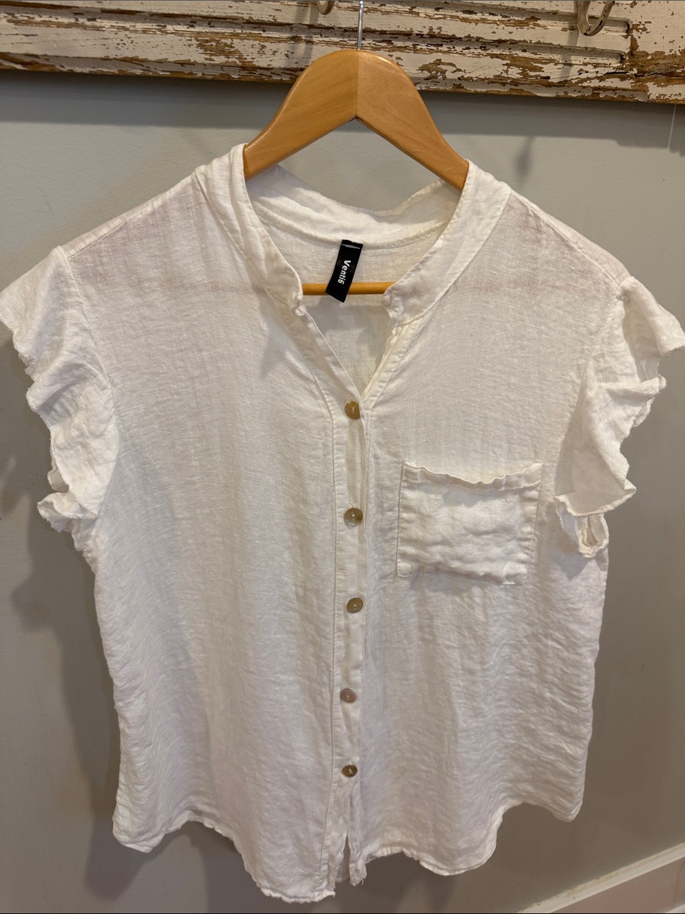 Venti 6 Italy White 100% Linen Ruffle Sleeve Blouse